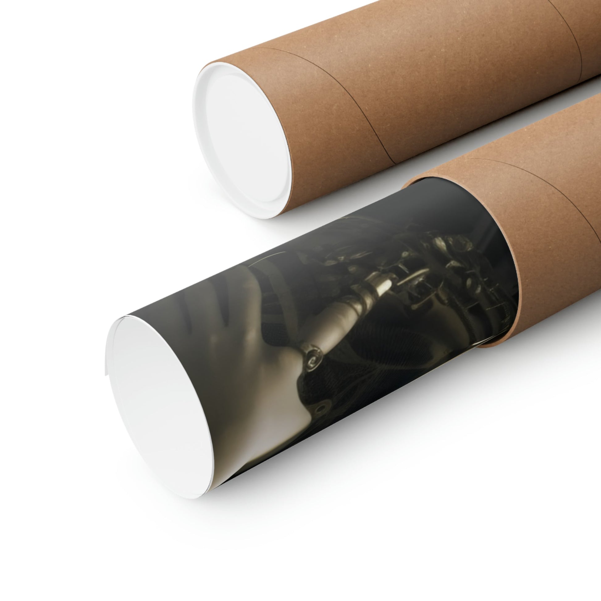 Two rolls of brown paper with a photo on them