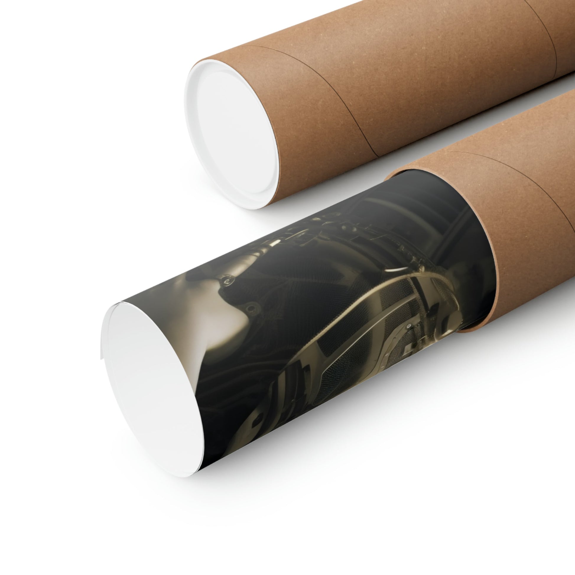 Two rolls of brown paper with a photo on them