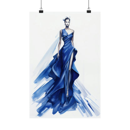 Elegant fashion illustration of a flowing blue evening gown.