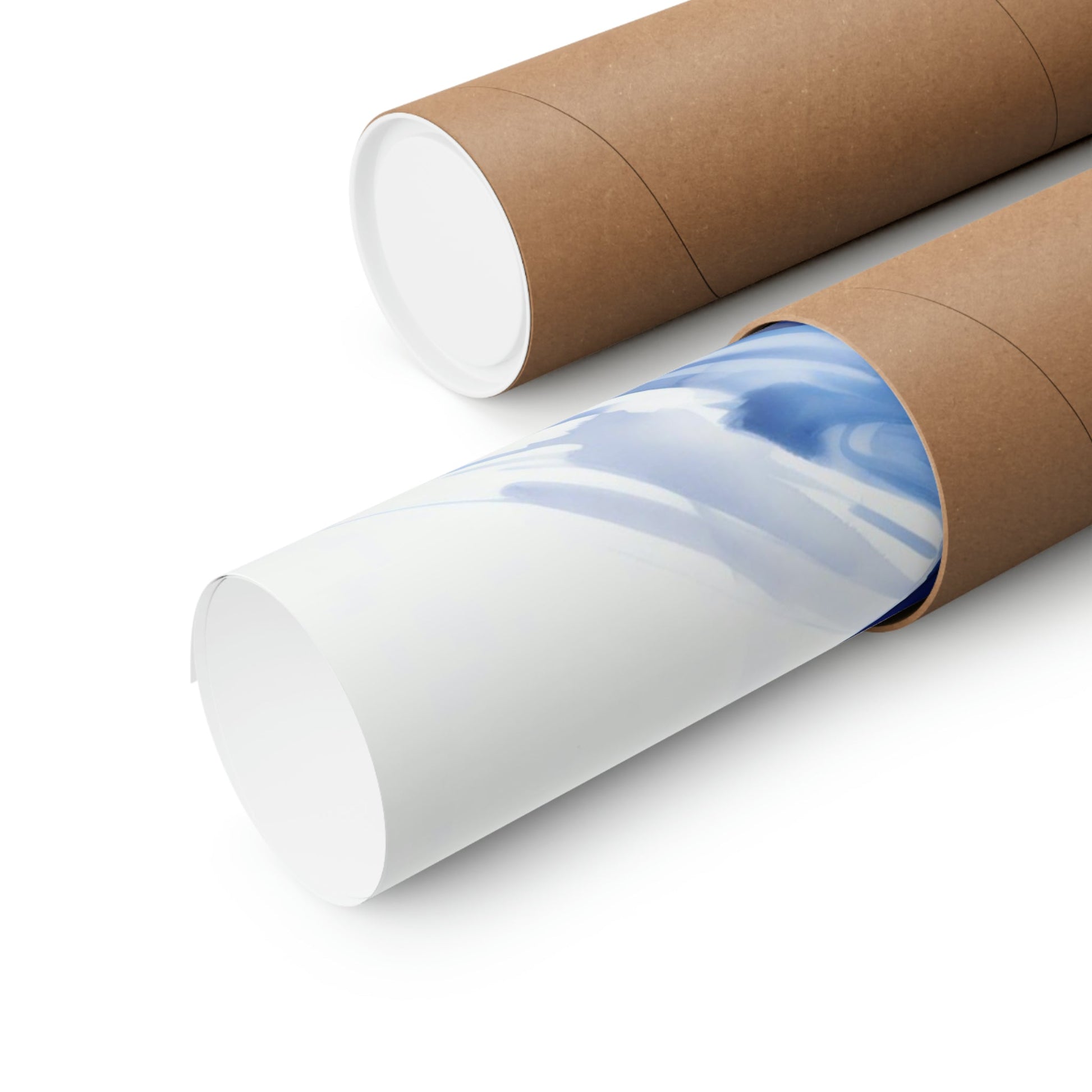 Two rolls of brown paper with a blue and white swirl design