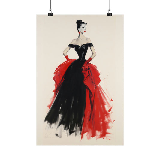 Fashion illustration of a woman in a dramatic black and red evening gown.