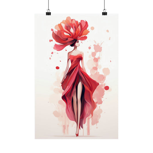 Stylized watercolor painting of a woman in a flowing red dress with a floral headdress.