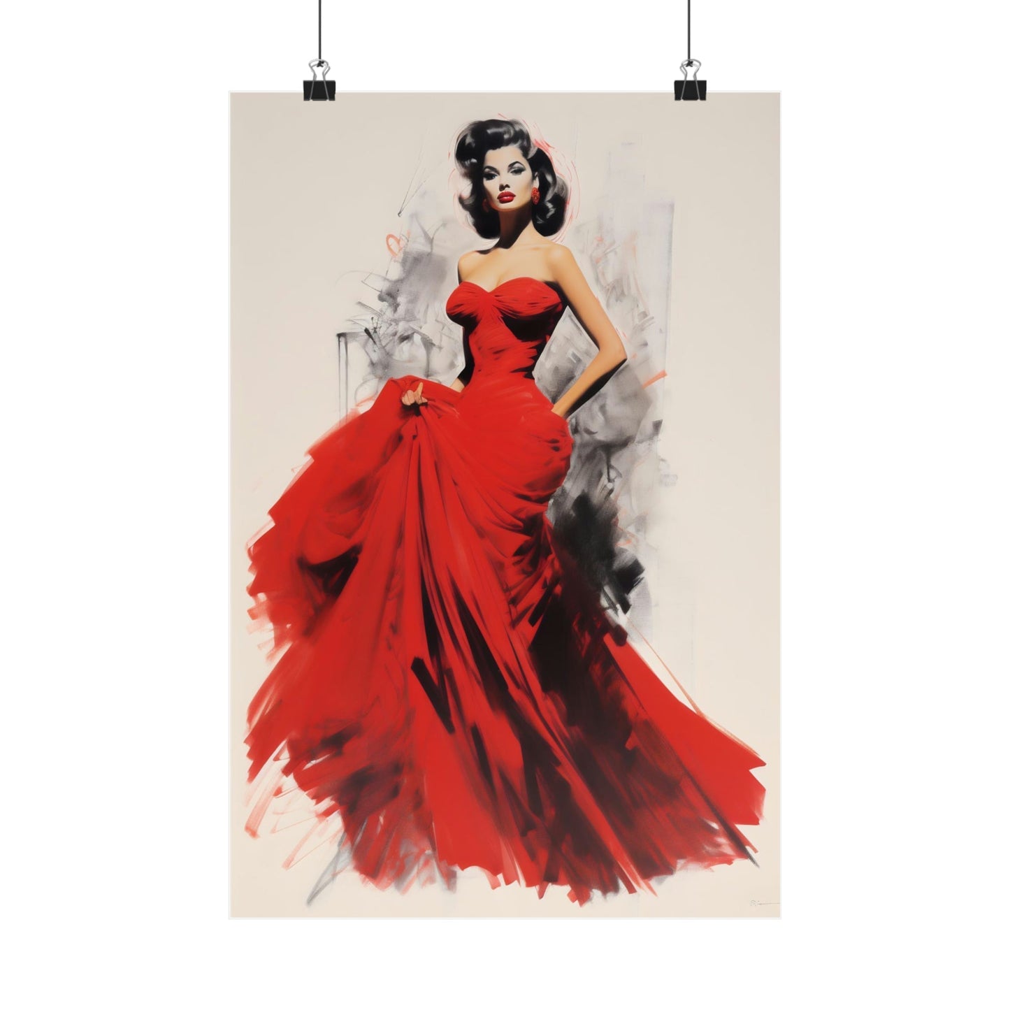 Woman in a flowing red strapless gown with a dramatic silhouette.