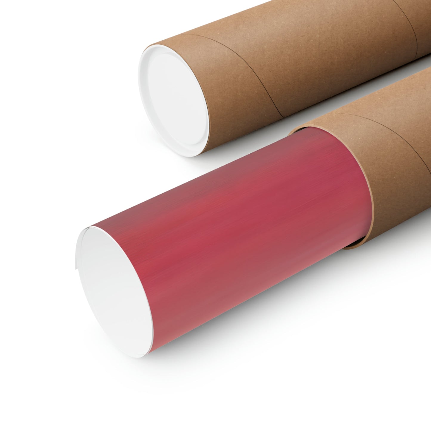 Cylindrical mailing or shipping tubes, one brown and one red.