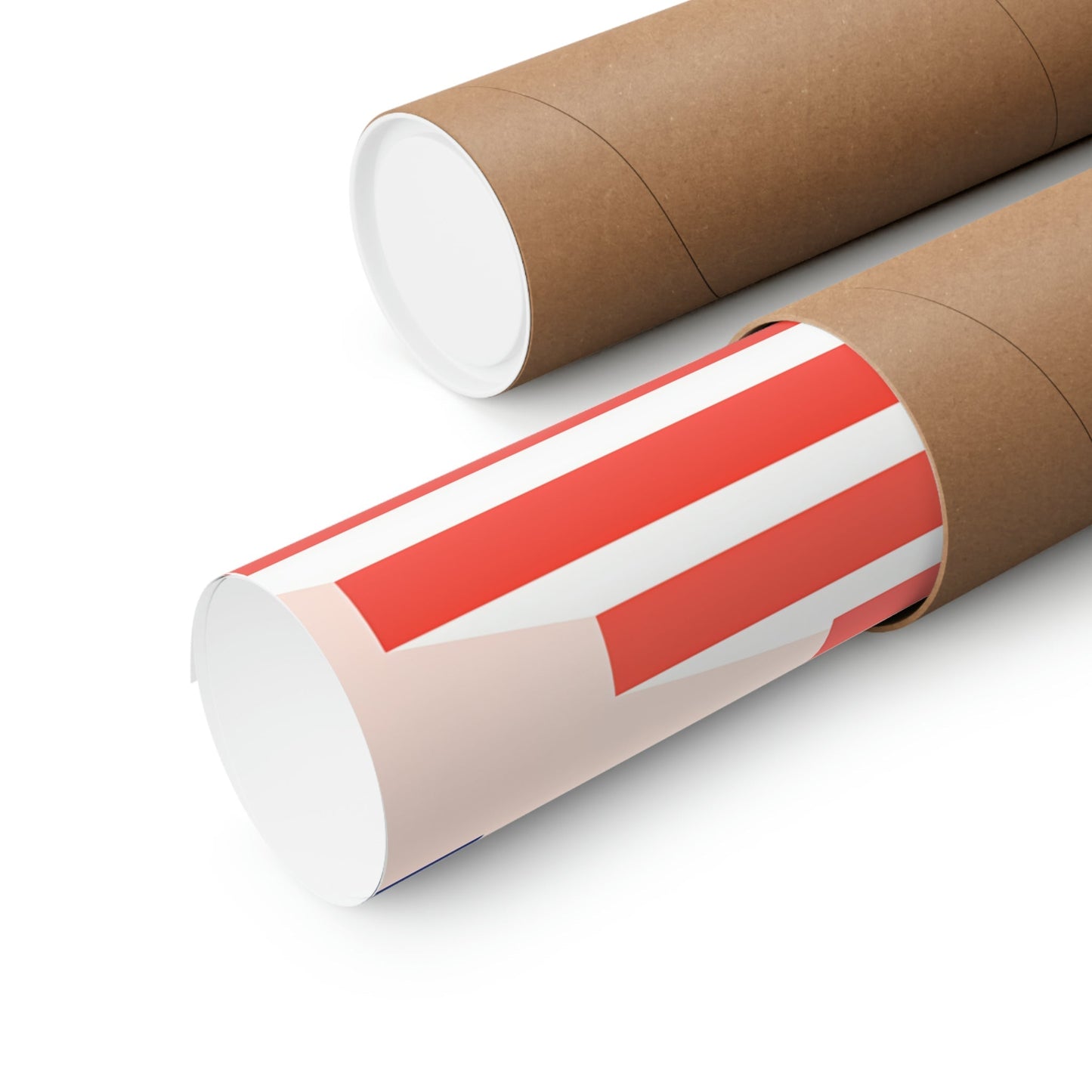 Two rolls of brown paper with red and white stripes