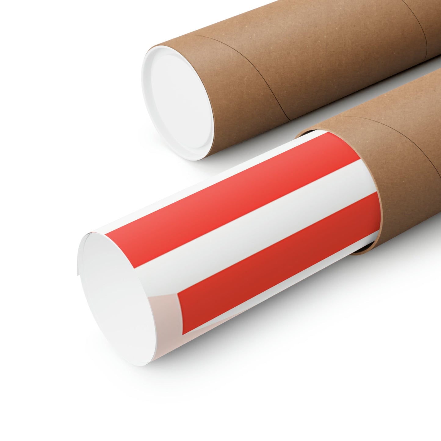 Two rolls of brown paper with red and white stripes