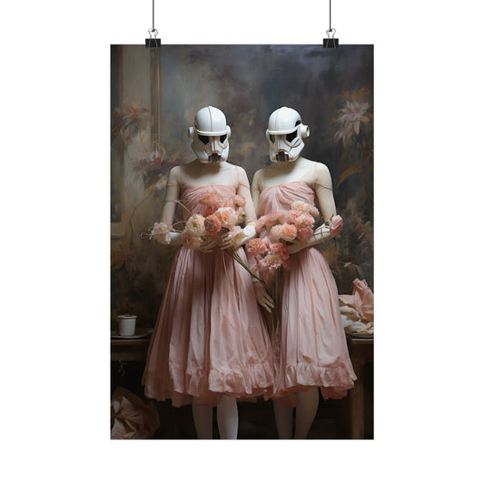 Two figures in pink dresses wearing Stormtrooper helmets holding bouquets.