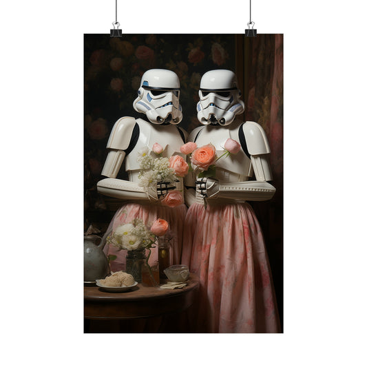 Two Stormtroopers from Star Wars dressed in romantic Victorian-style clothing holding flowers.