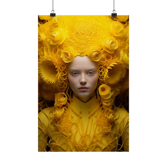 Portrait of a person with an elaborate yellow floral headdress and costume.