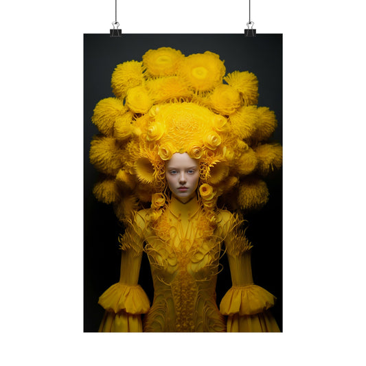 Surreal portrait featuring a figure adorned with an elaborate yellow headdress and costume.