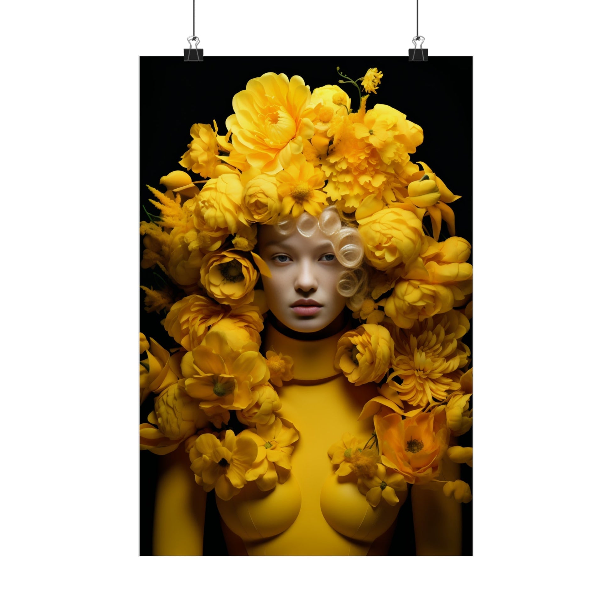 Artistic portrait featuring a figure adorned with vibrant yellow flowers.