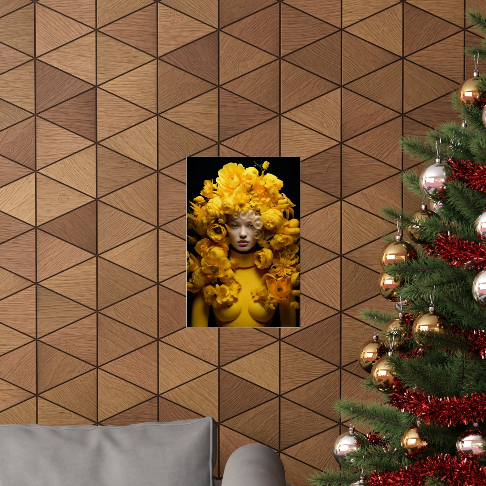 A christmas tree with a picture of a woman in a yellow dress