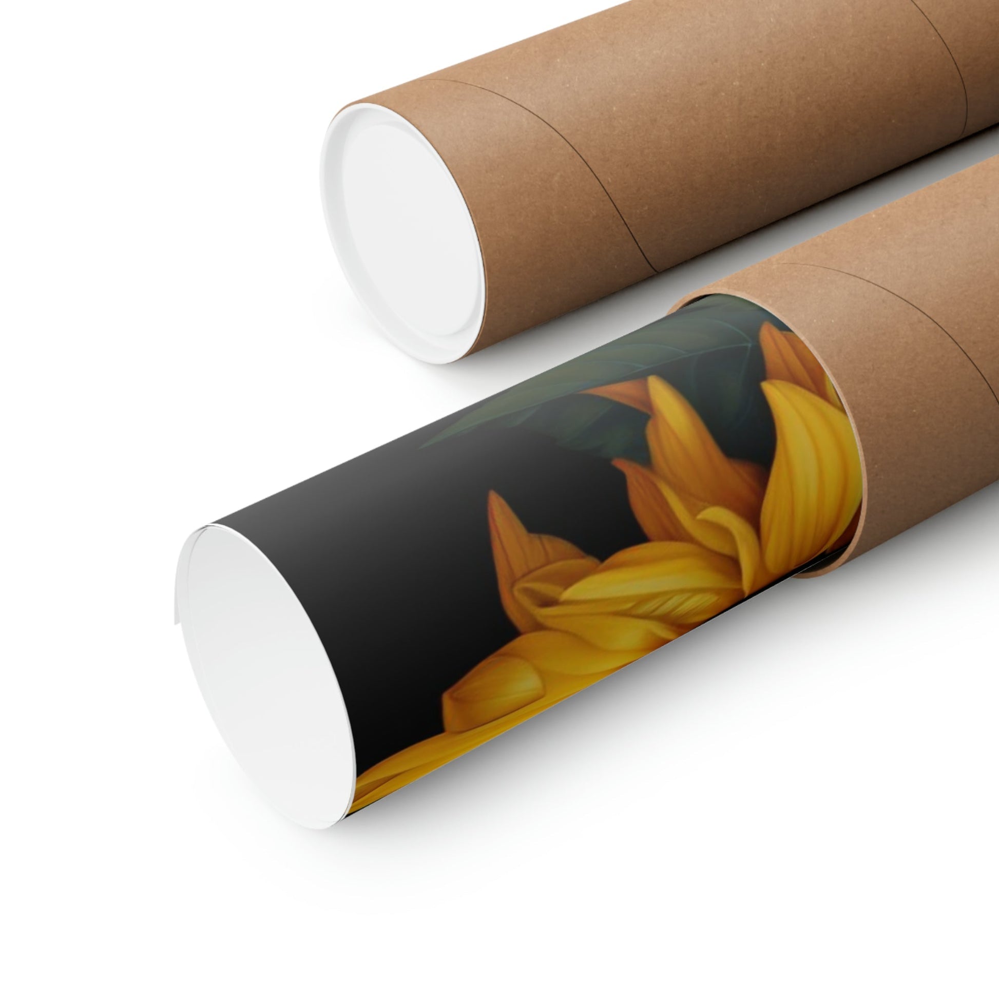 Two rolls of brown paper with a yellow flower on them