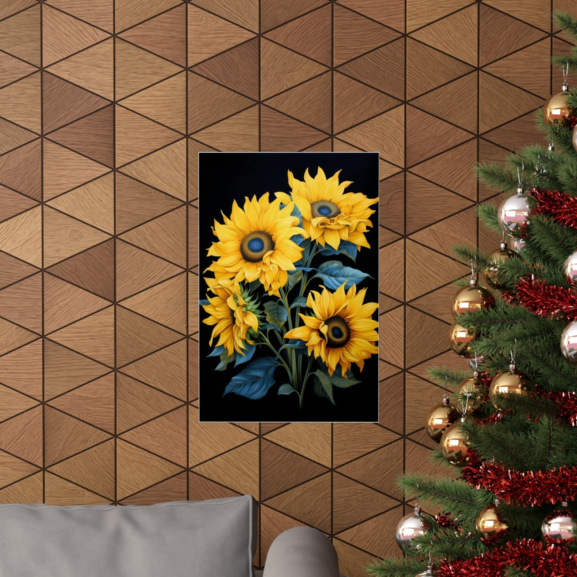 A christmas tree with a bunch of sunflowers