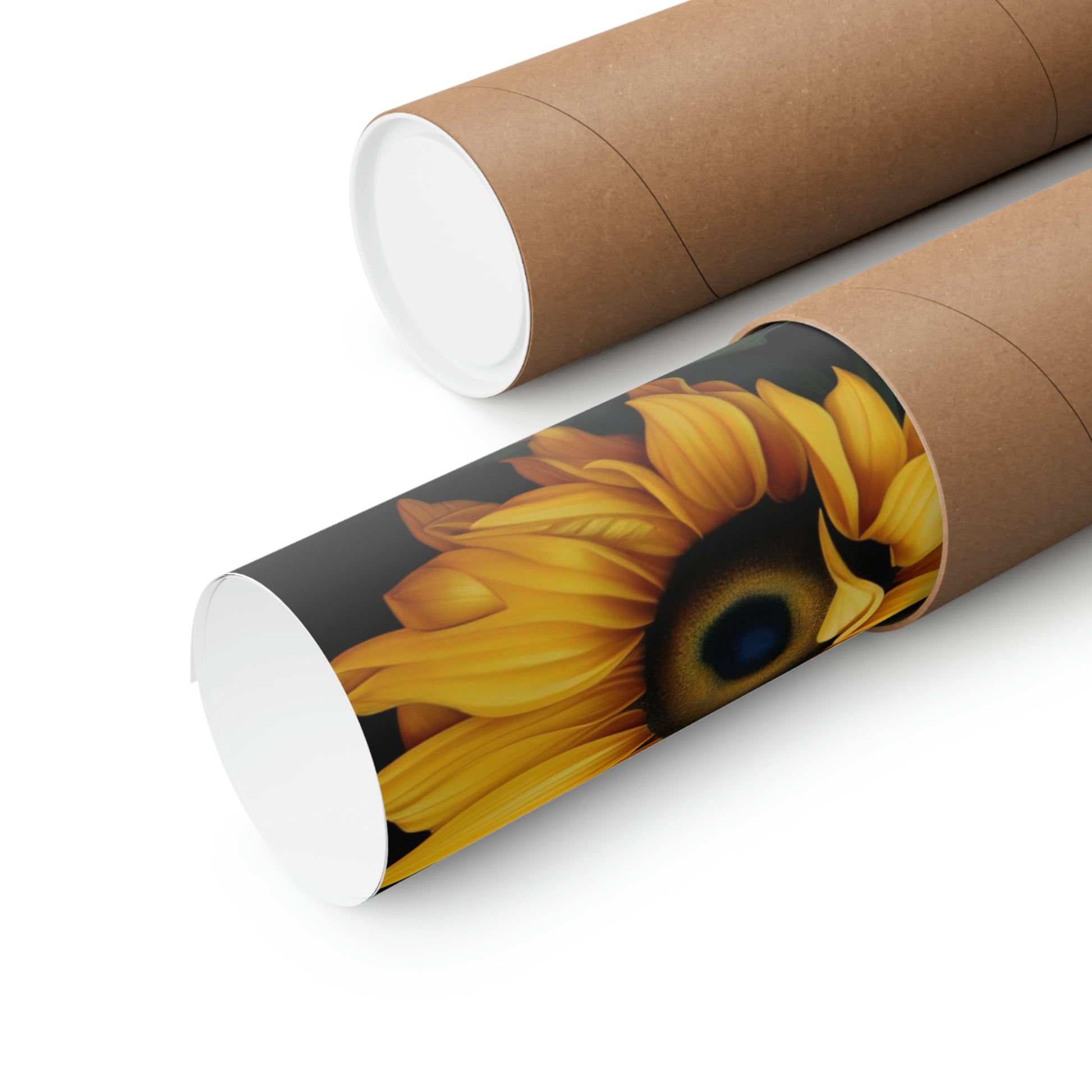 Two rolls of brown paper with a sunflower on them