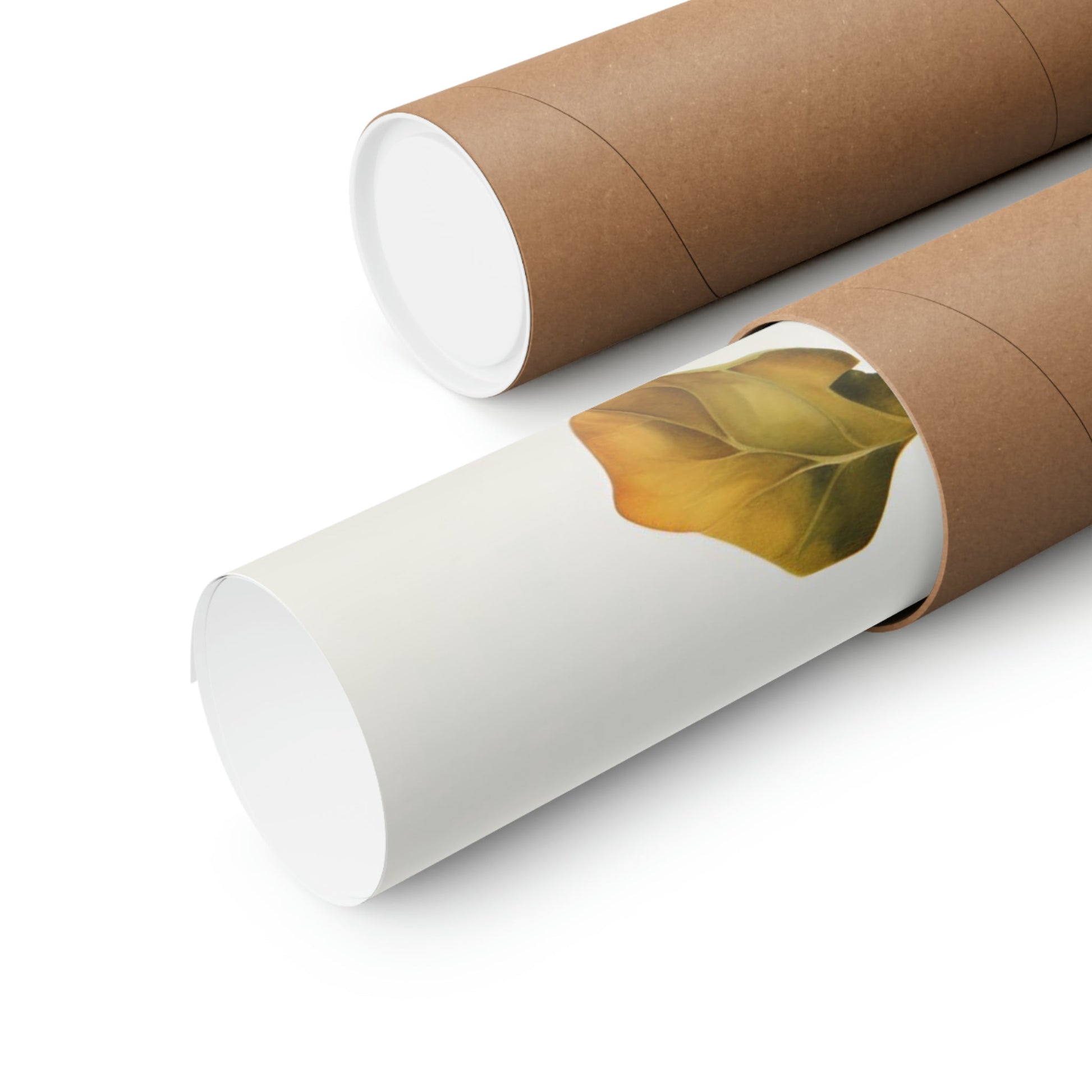 Two rolls of brown paper with a leaf on them