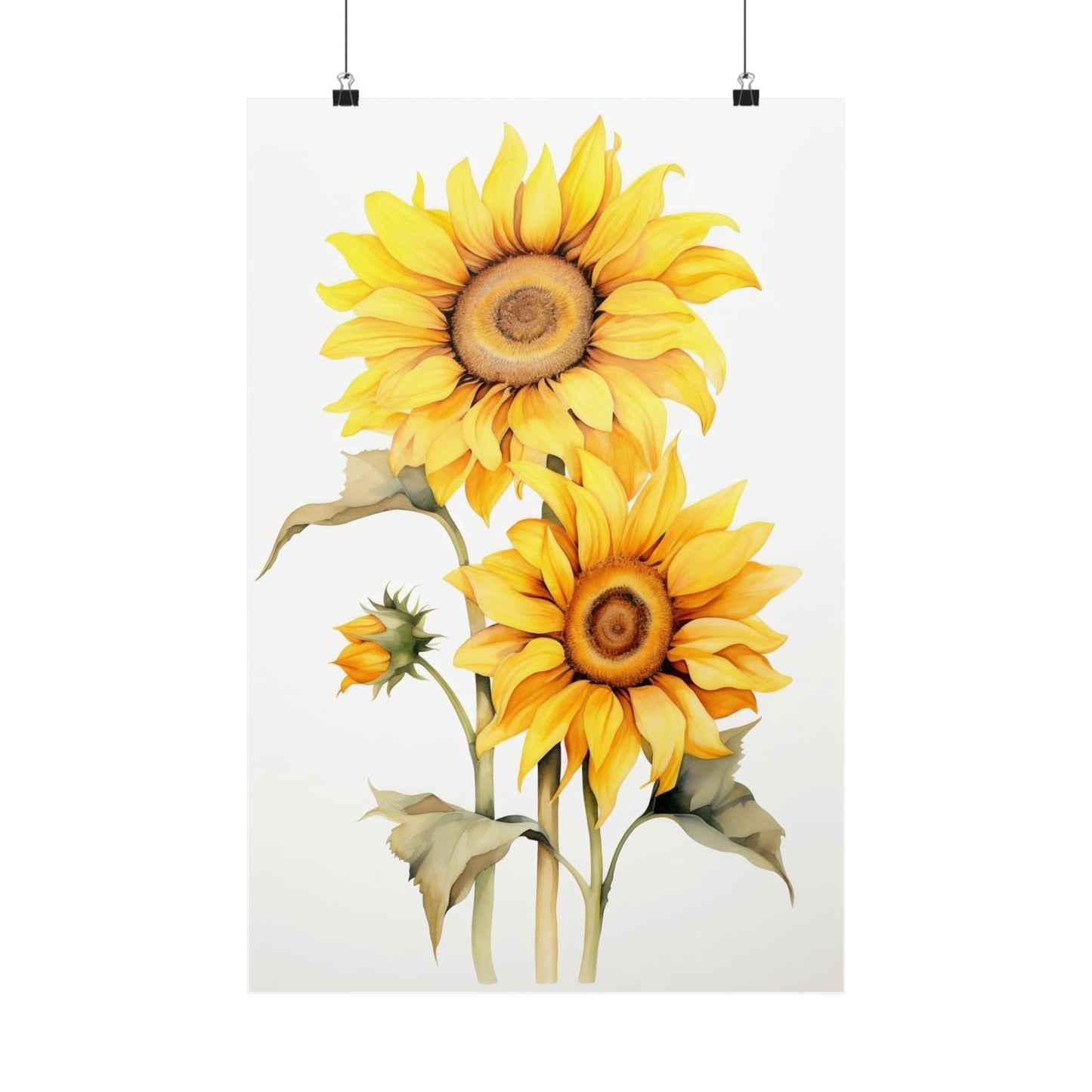 A yellow sunflower with leaves and leaves on a white background