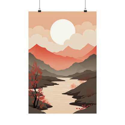 A poster with a sunset over a river