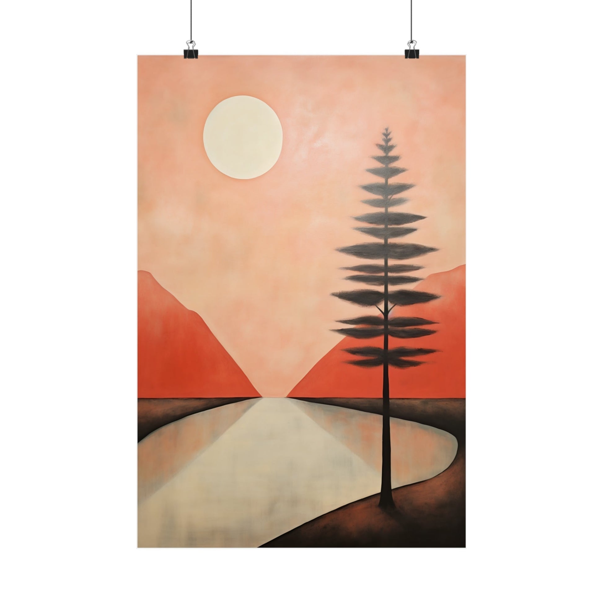 A painting of a sunset with trees and a river