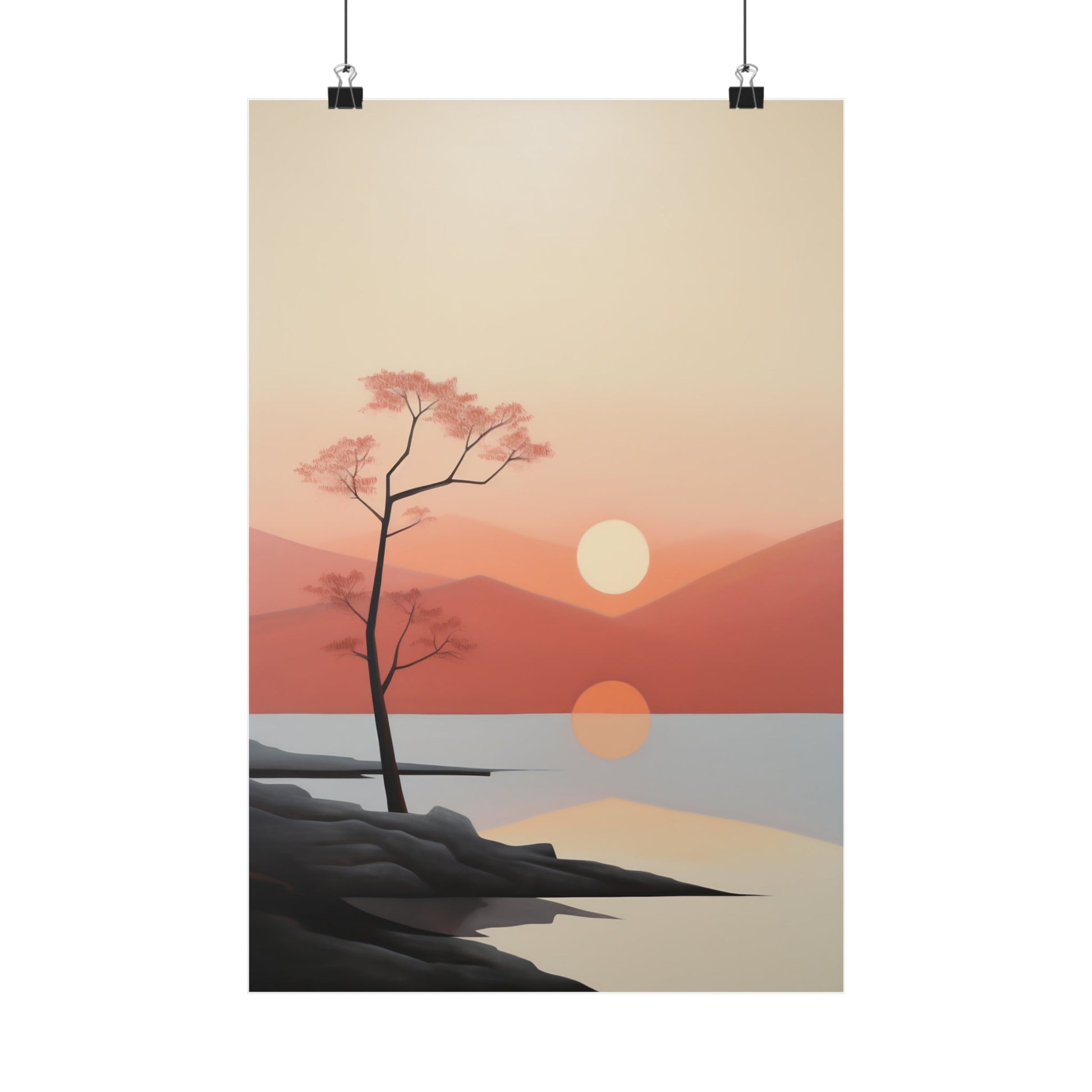 Painting of a sunset landscape with a silhouetted tree by a body of water.