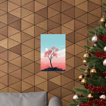 A christmas tree with a pink sky and a red sky