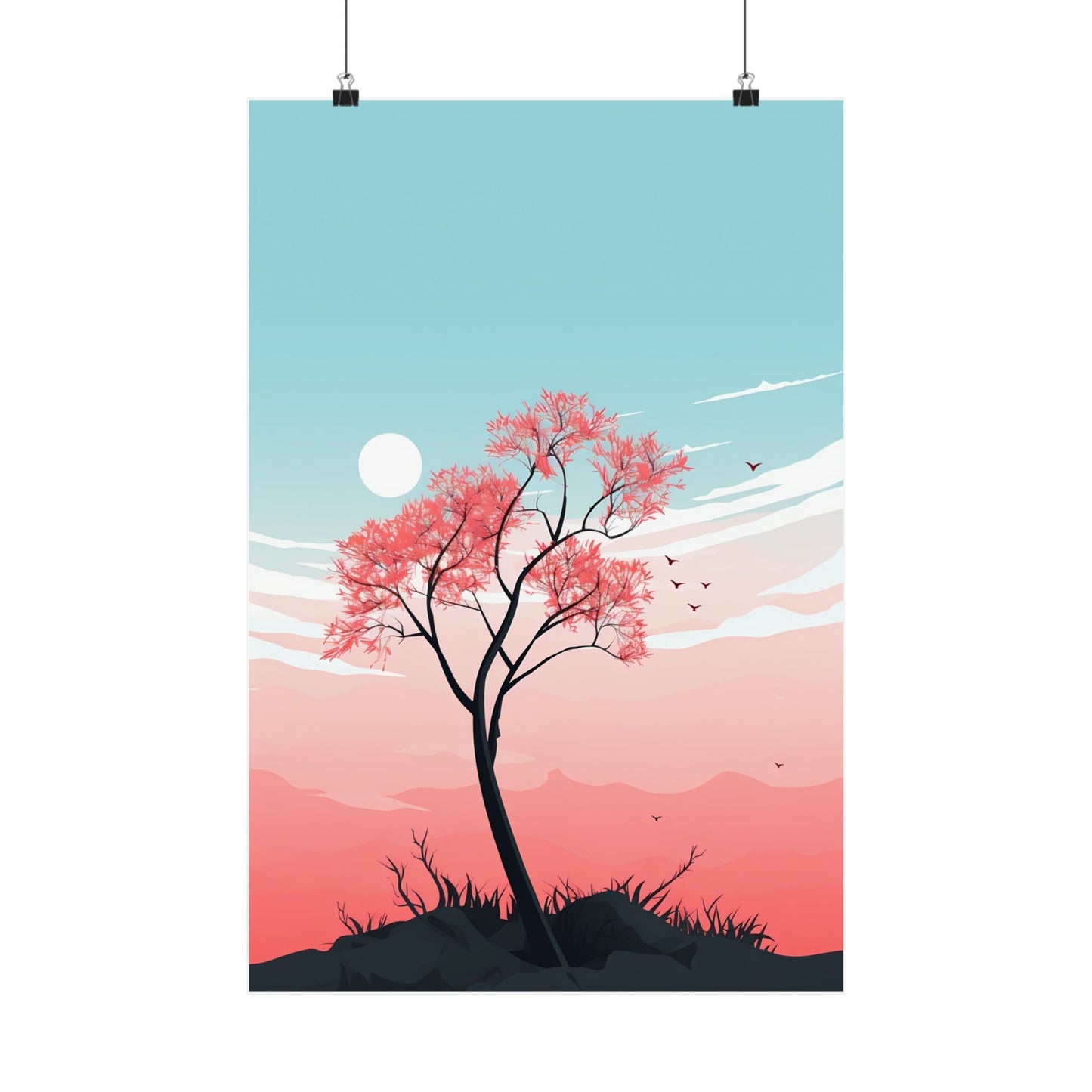 A poster with a tree and a sunset