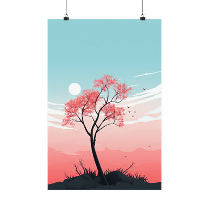 A poster with a tree and a sunset