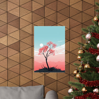 A christmas tree with a pink sky and a red sunset