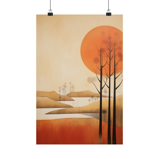 Minimalist landscape painting featuring a setting sun, bare trees, and winding water bodies in warm earth tones.