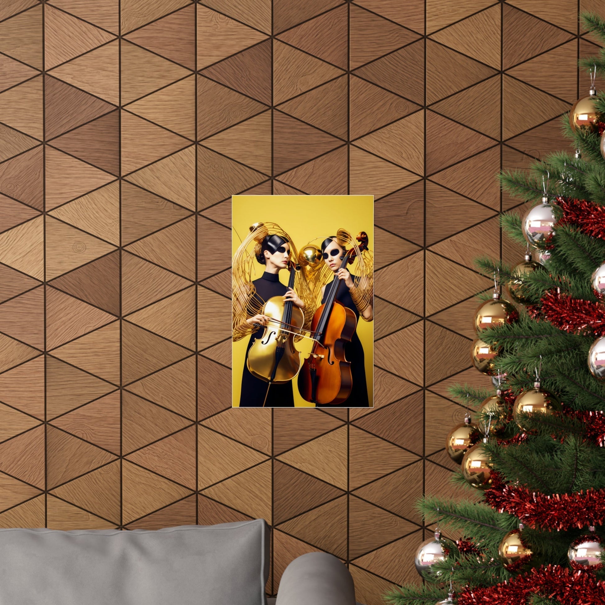 A christmas tree with a picture of two women playing cello