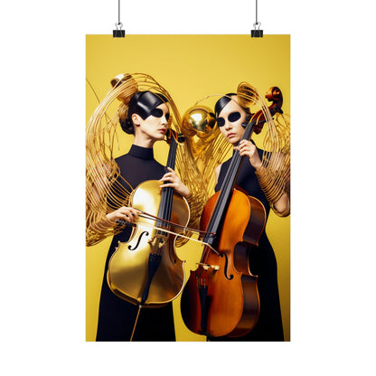 Two surreal figures with golden wings playing cellos against a yellow backdrop.