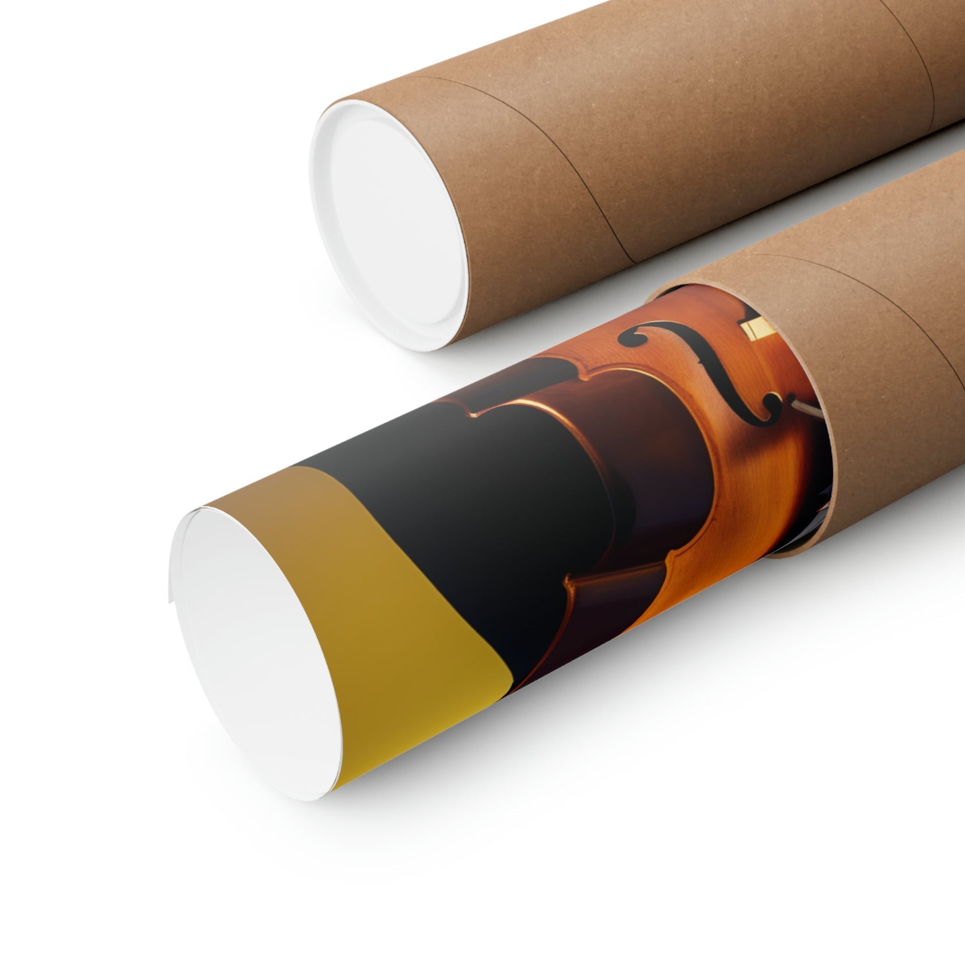 Two rolls of brown paper with a cello on them