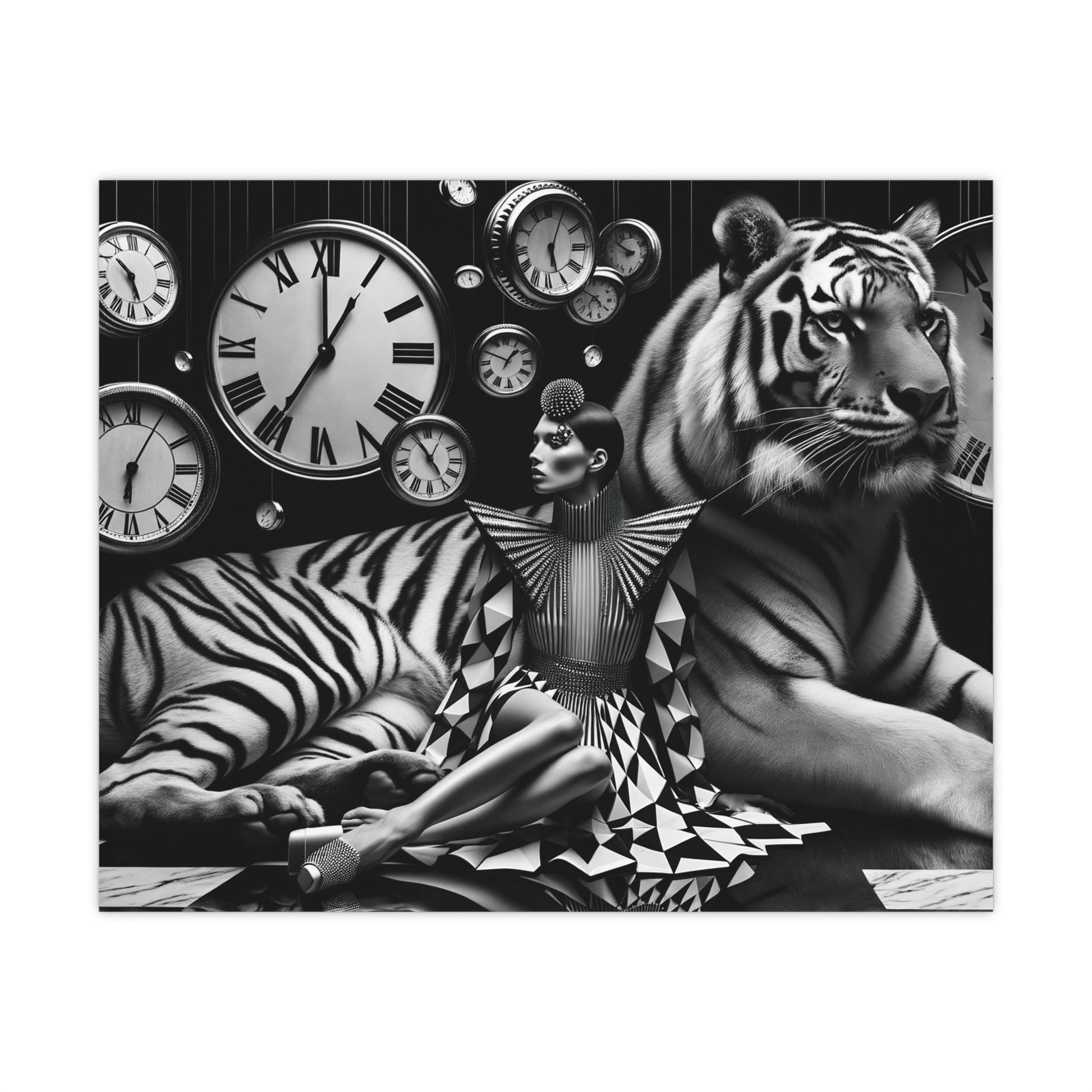 A striking black and white composition featuring a person in patterned clothing seated beside a majestic tiger, surrounded by numerous clocks.