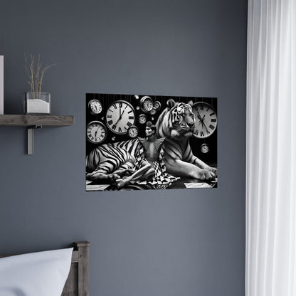 Black and white canvas print featuring a tiger surrounded by clock faces.