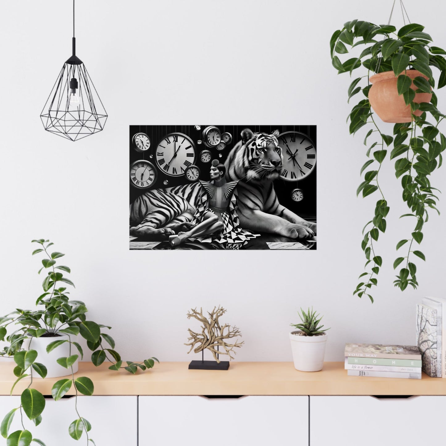 Black and white artistic photograph featuring a tiger and clocks mounted on a wall.