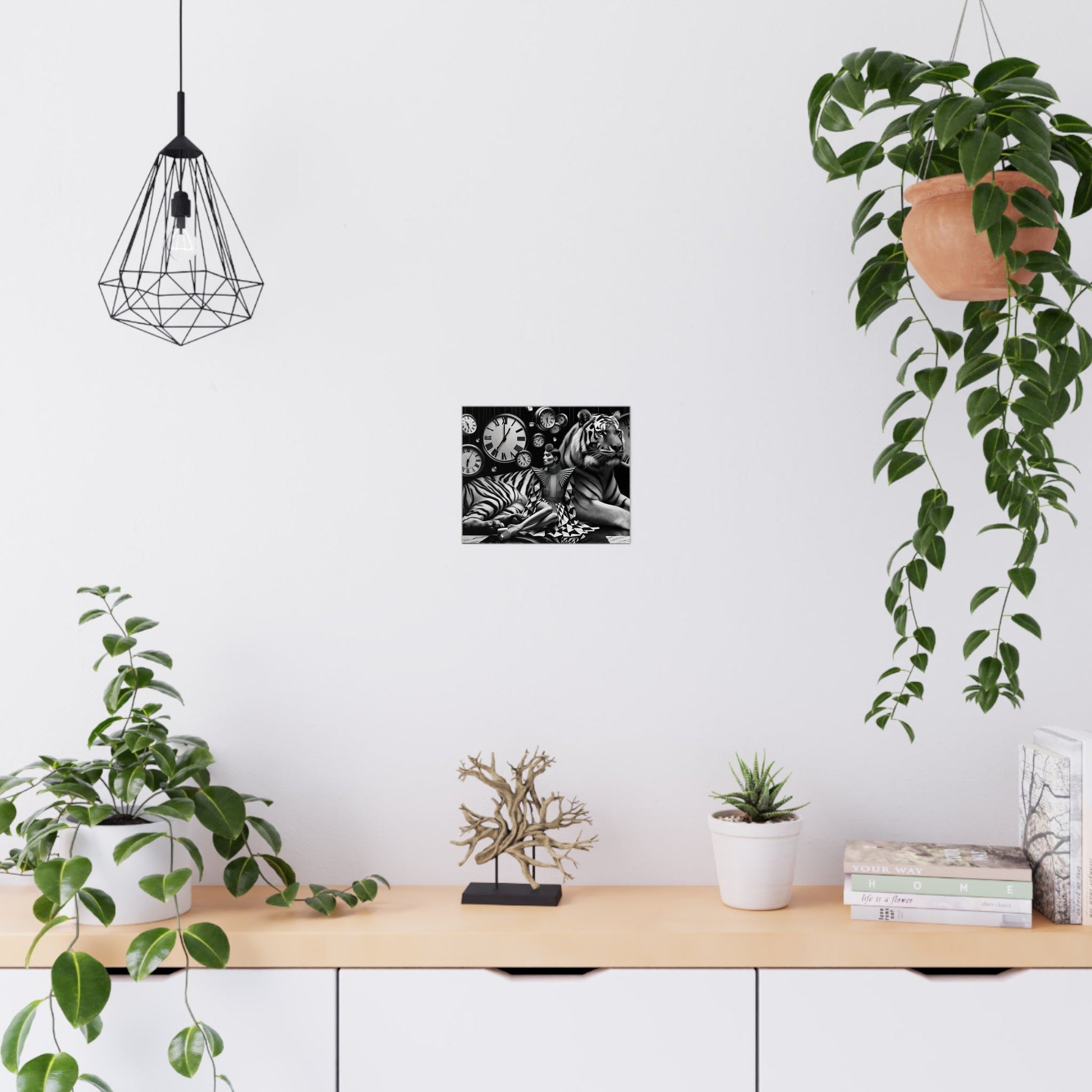 Modern white cabinet with a wooden top, adorned with various plants and decorative items.