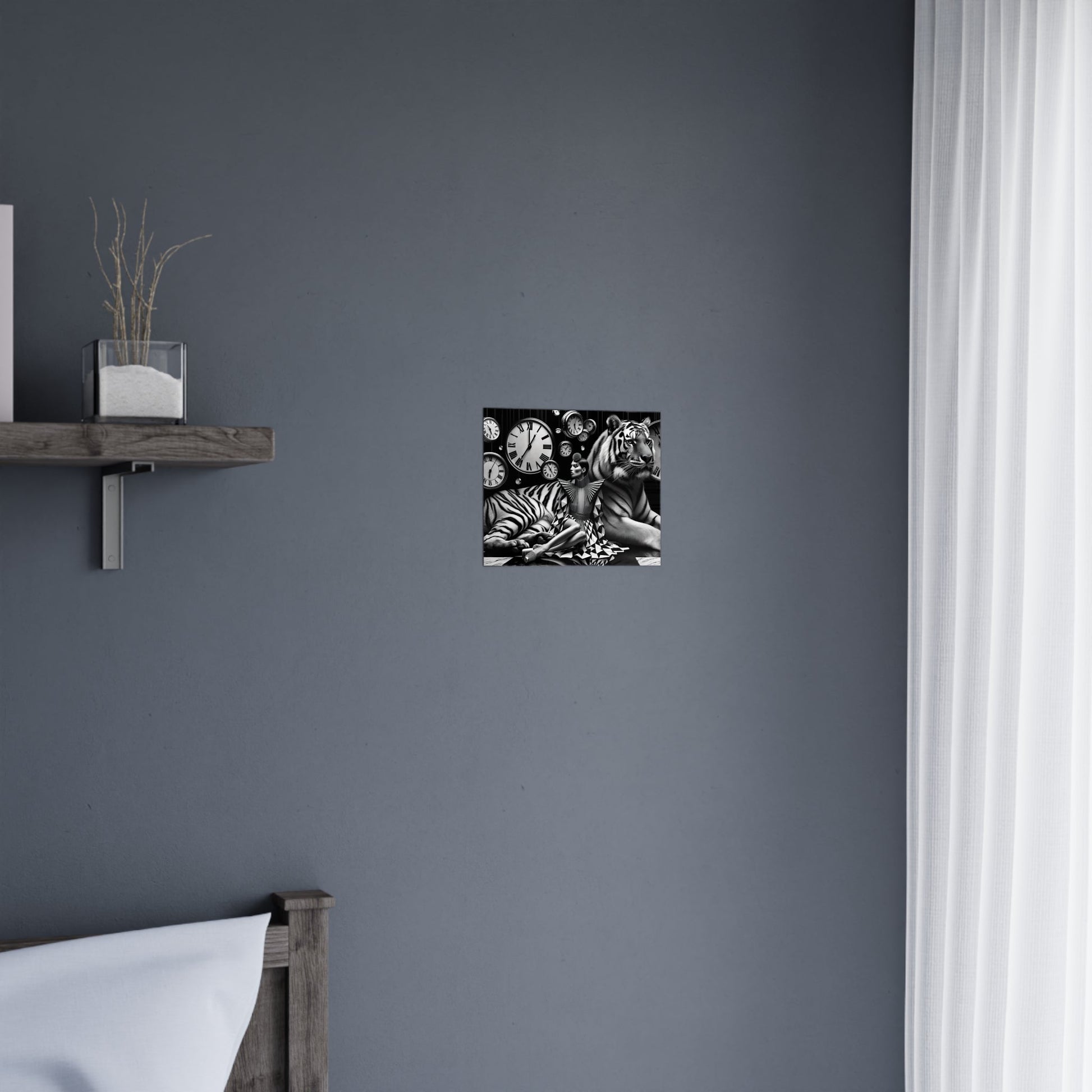 Black and white abstract floral artwork mounted on a gray wall.