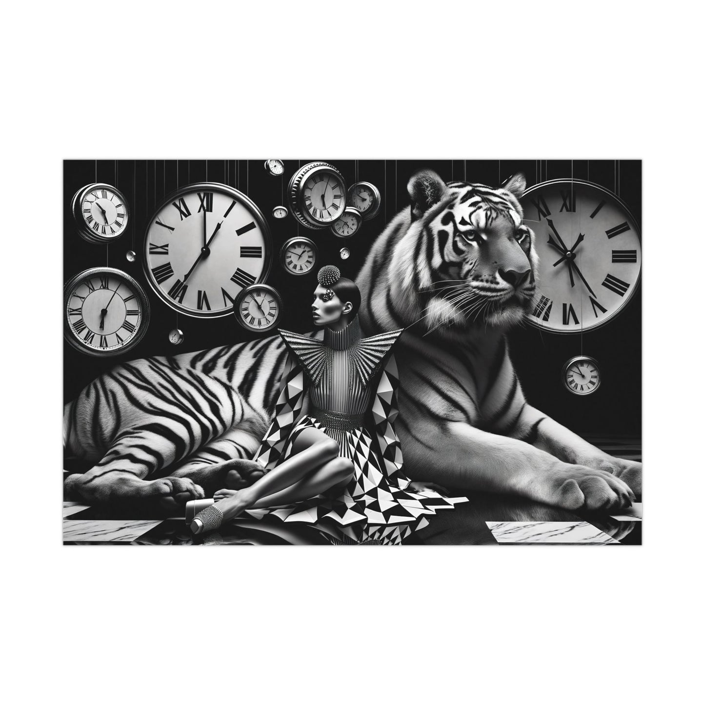 Tiger lying down, surrounded by clocks and chess pieces.