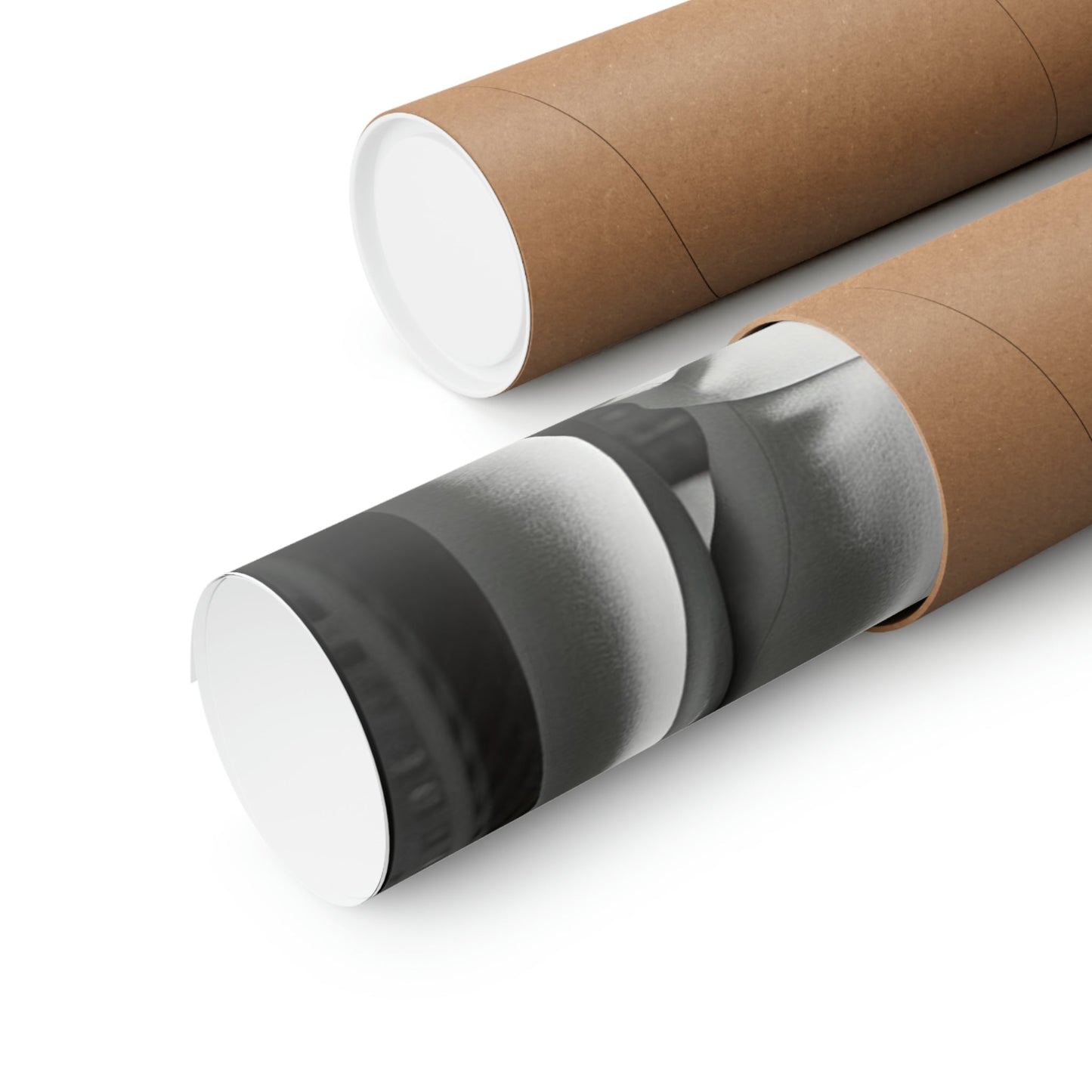 Two rolls of brown paper with black and white paper