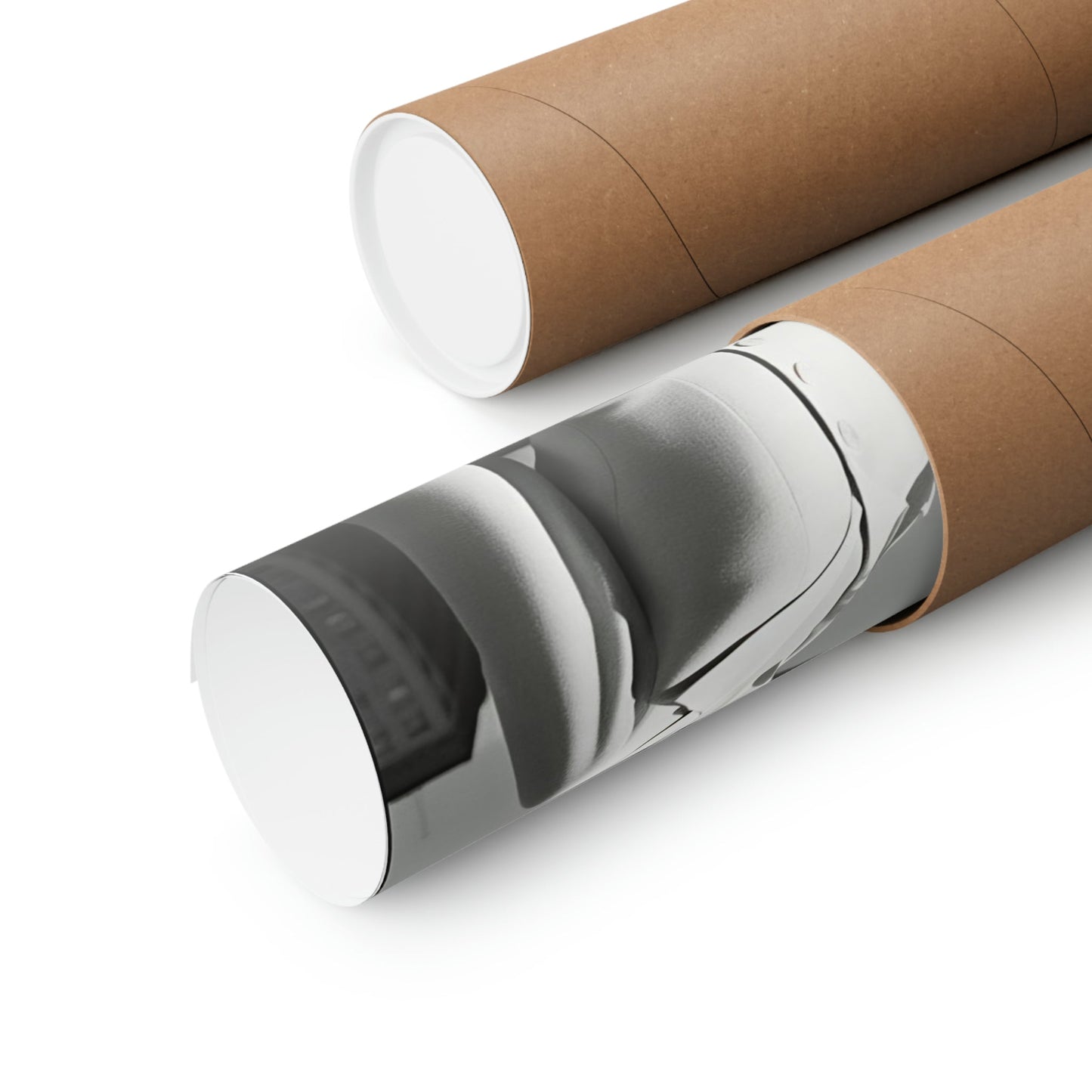 Two rolls of brown paper with a white handle