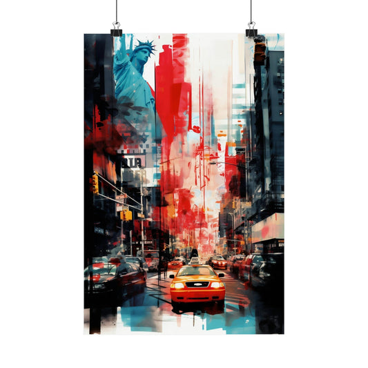 Vibrant abstract painting of a New York City street scene featuring the Statue of Liberty and a yellow taxi.