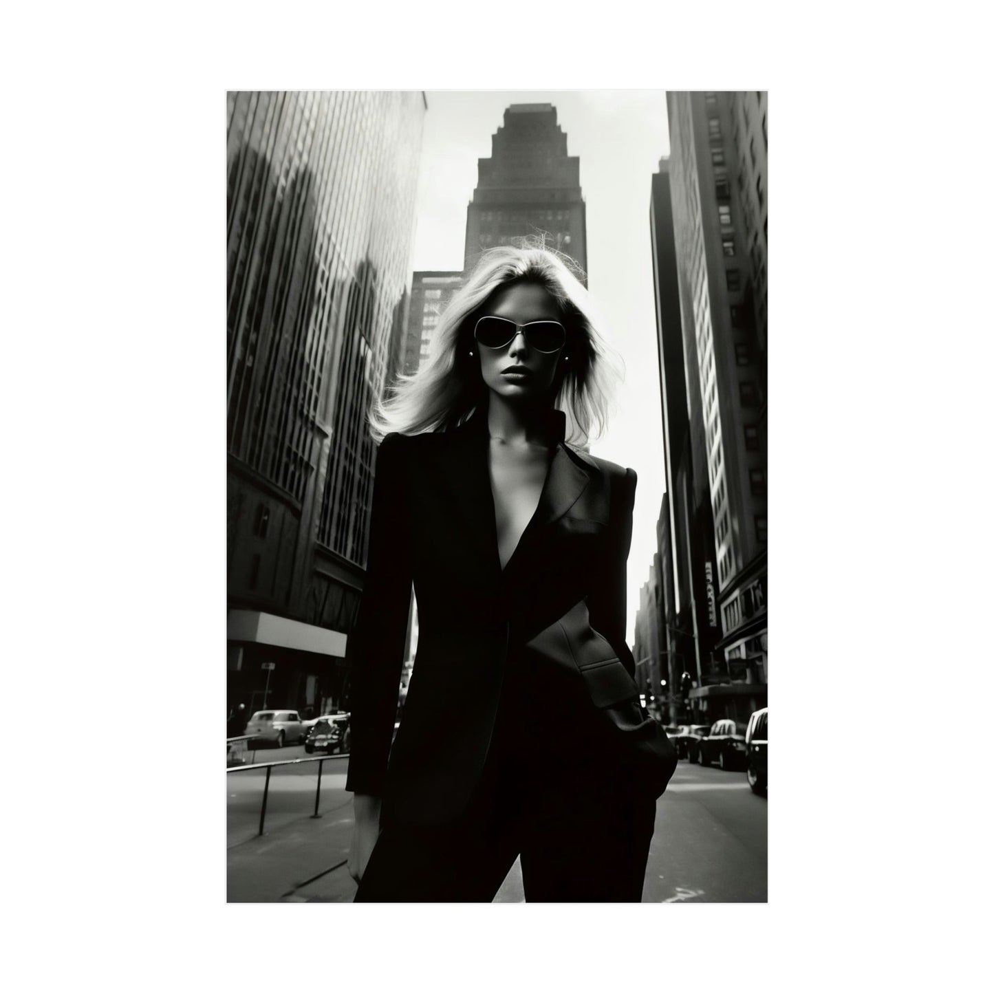 A woman in a suit and sunglasses walking down the street