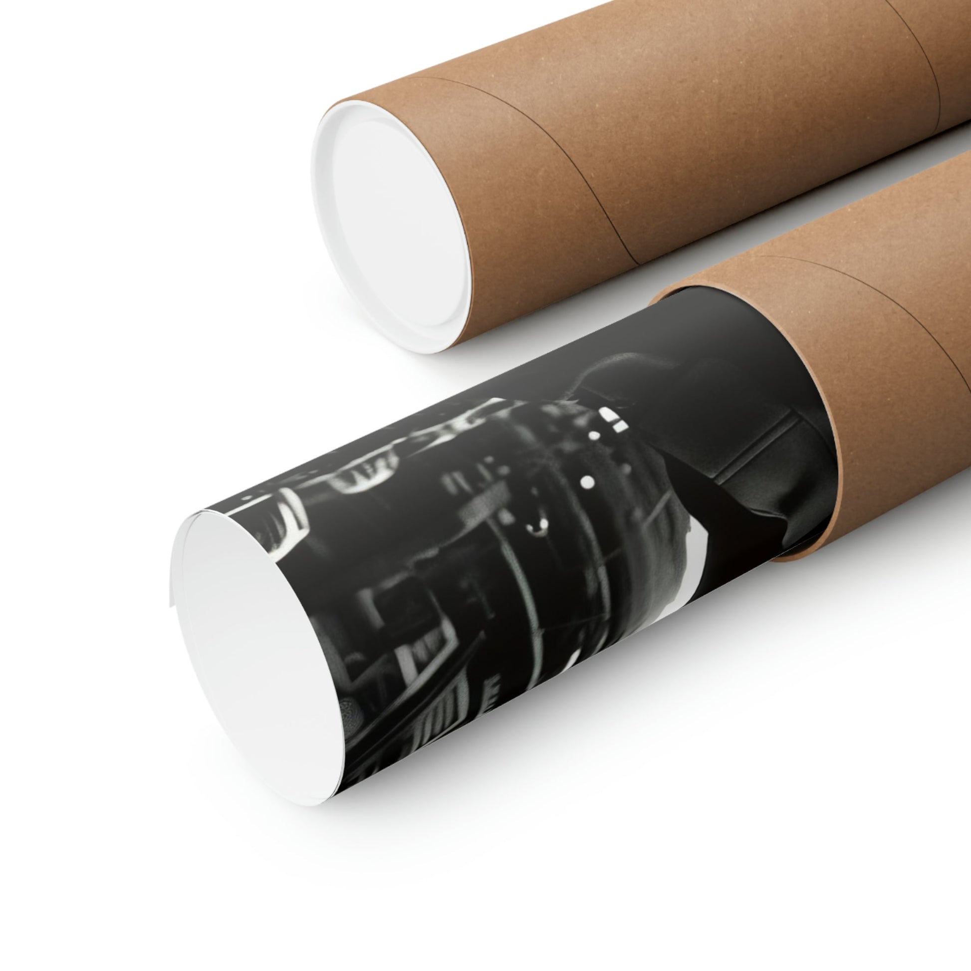 Two rolls of brown paper with a black and white photo on them