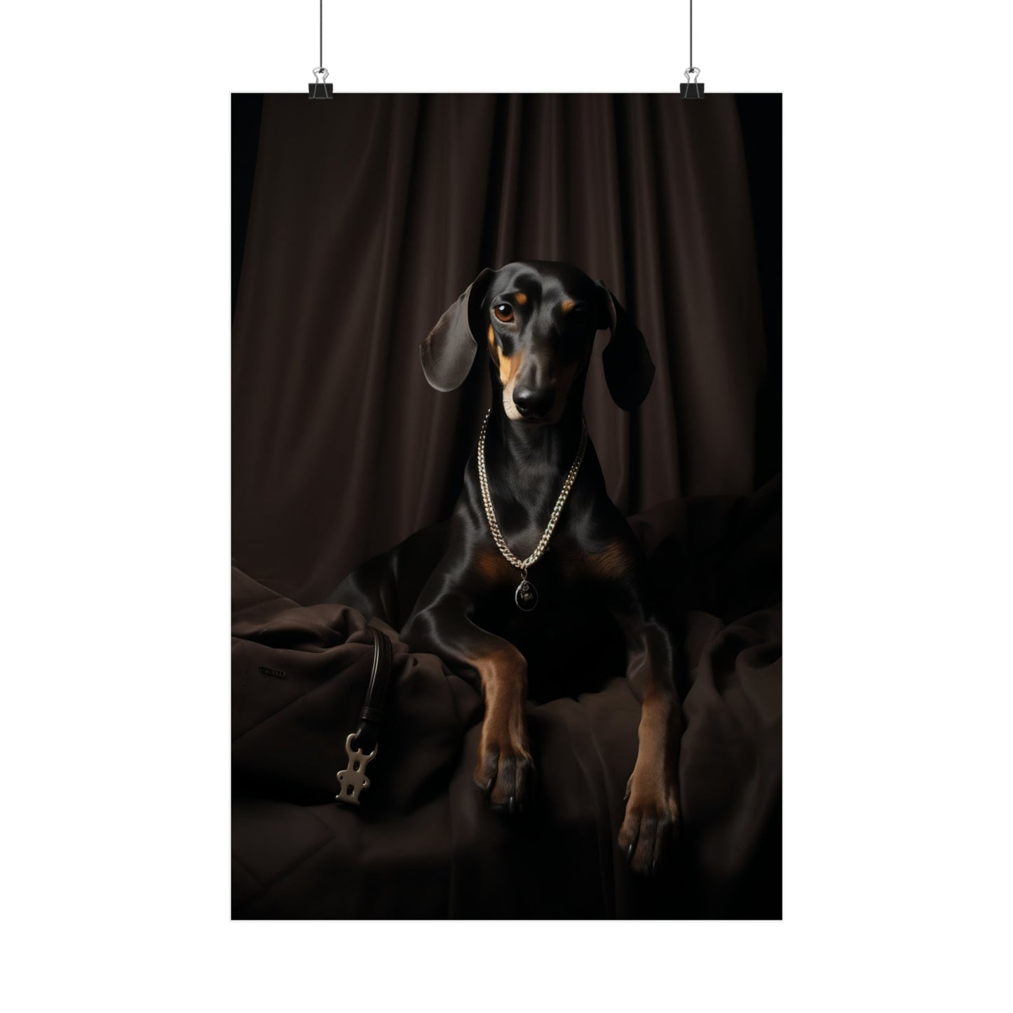 A black and tan dog with a gold chain on its neck