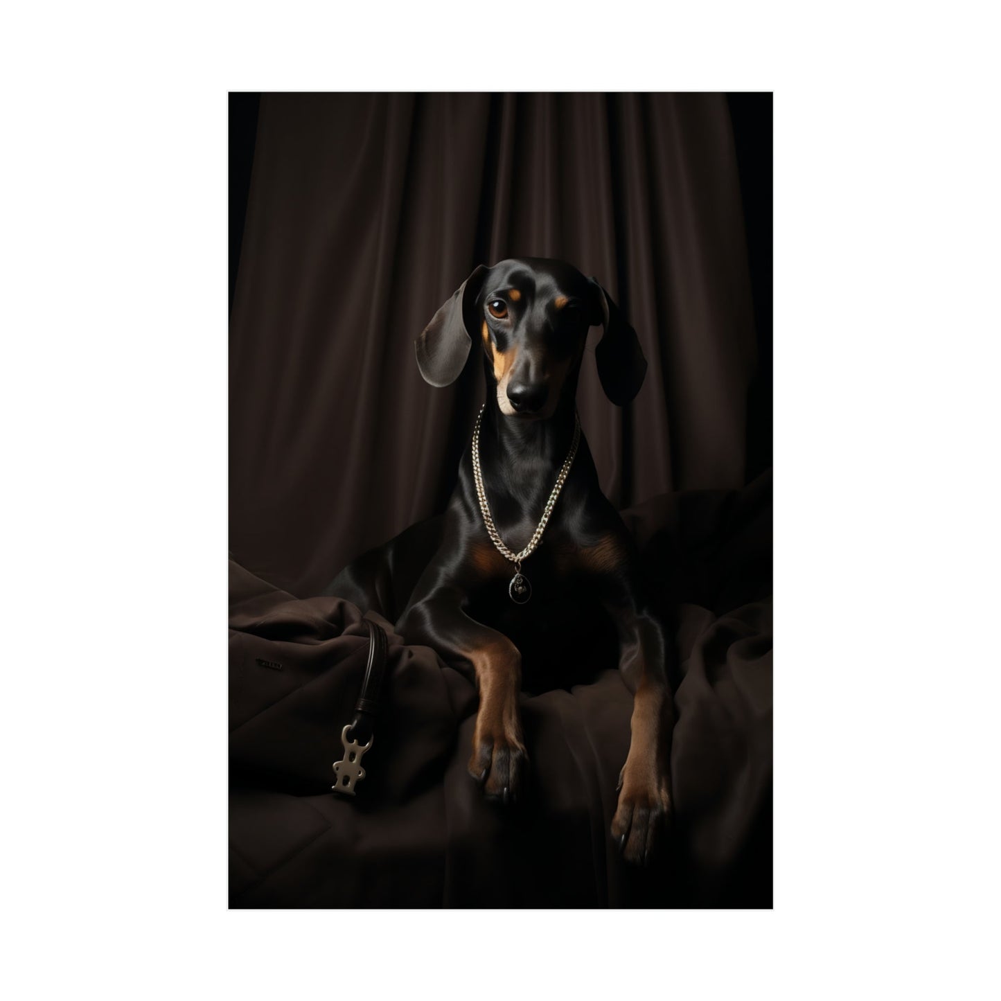 A black and tan dog with a gold chain