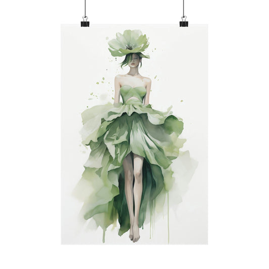 Watercolor painting of a woman in a flowing green dress resembling flower petals.