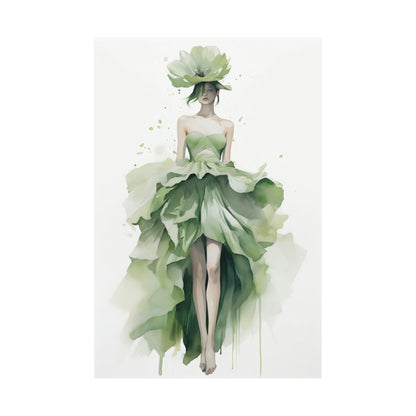 A painting of a woman in a green dress and hat