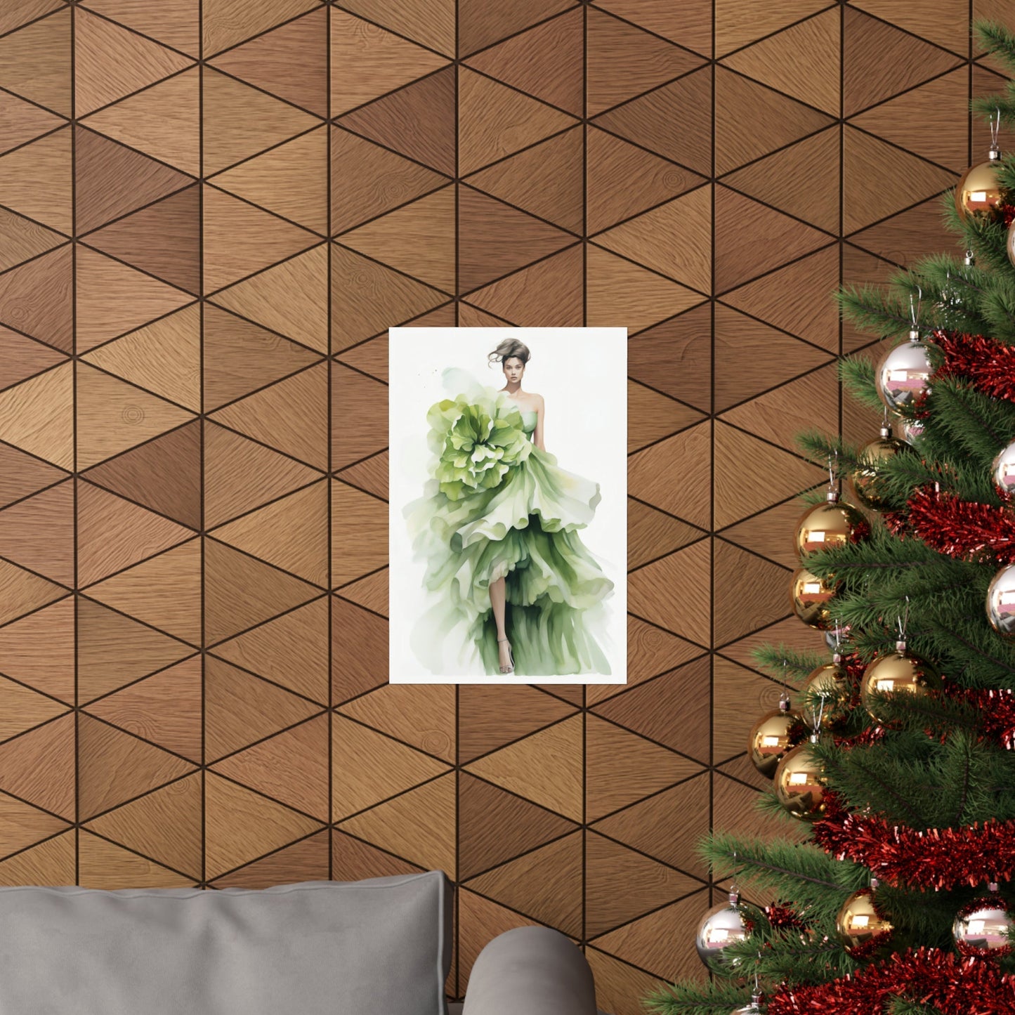 A christmas tree with a picture of a woman in a green dress