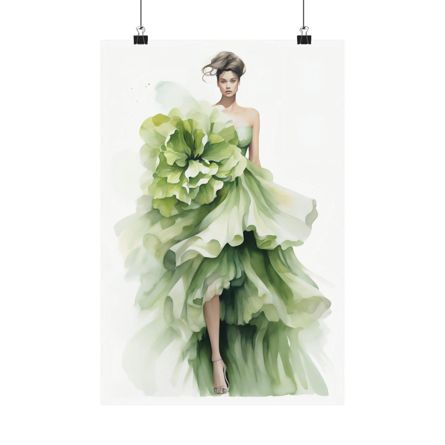 Woman wearing an elaborate green dress resembling lettuce leaves.