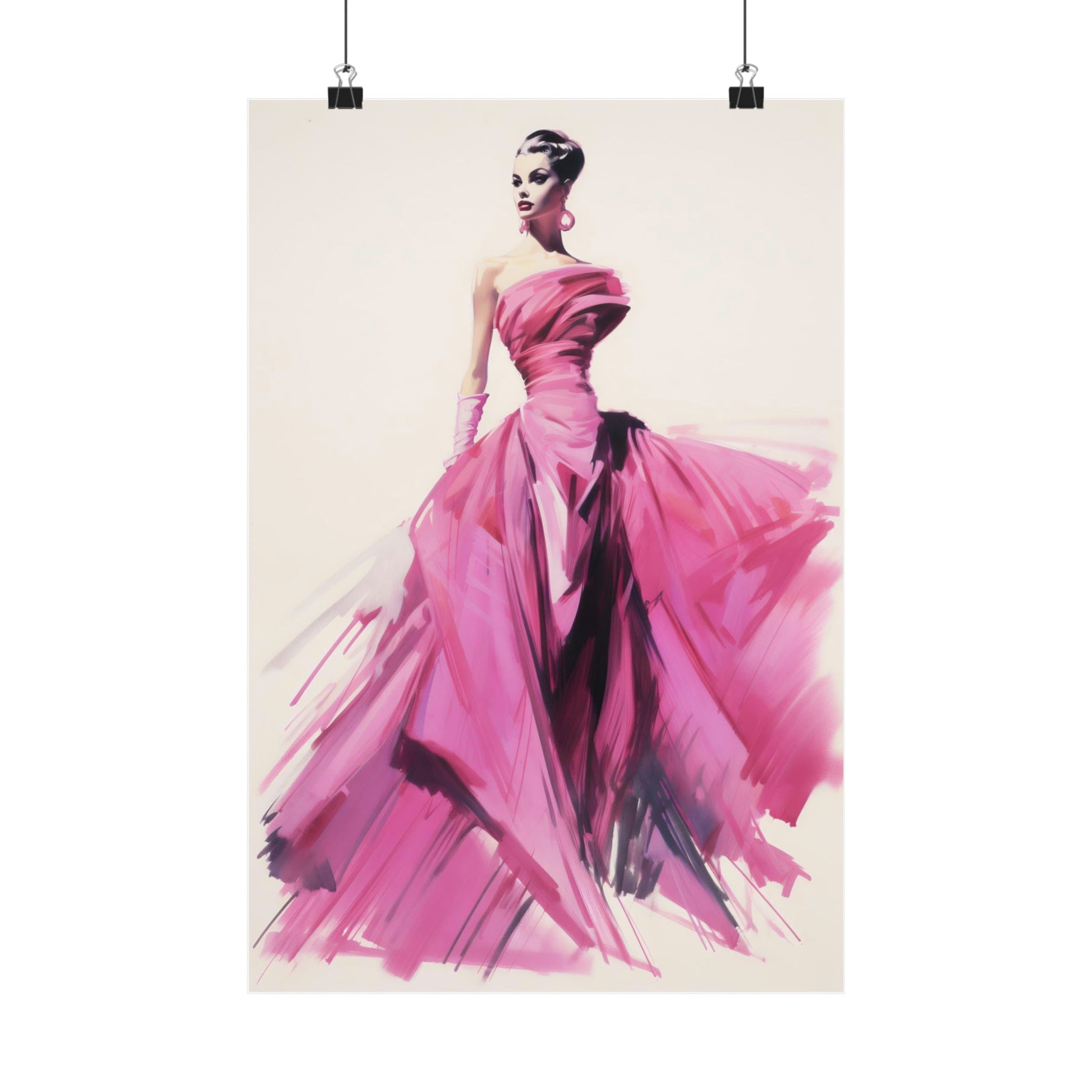 Elegant fashion illustration of a woman in a flowing pink gown.